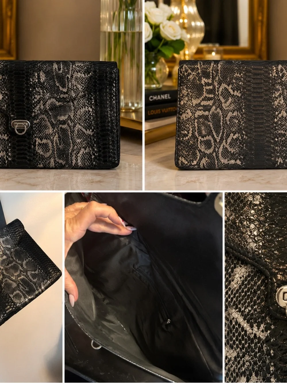 Designer-Inspired Black Snake-Embossed Leather Clutch